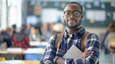 Proud african american male teacher standing in his classroom. generative AI, AI generated