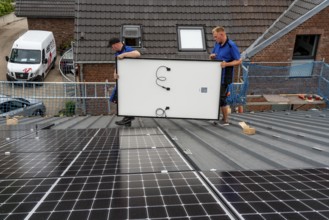 Installation of solar modules on the roof of a barn on a farm, over 240 photovoltaic modules are