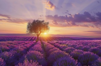 Scenic sunset field of lavender in France. Sunset sky is filled with clouds, AI generated