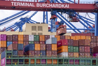 HMM Nuri container freighter, at HHLA Container Terminal Burchardkai, in Waltershofer Hafen, being