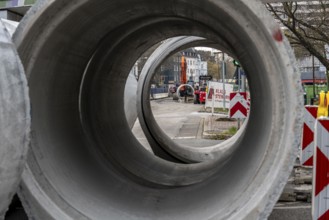 Concrete sewer pipes, stored on a construction site during sewer renovation work, on the Dickswall,