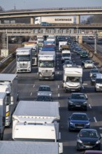 Traffic jam on the A3 motorway, at the Köln-Ost junction, heading south, four lanes jammed with