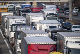 Traffic jam on the A3 motorway, at the Köln-Ost junction, heading south, four lanes jammed with