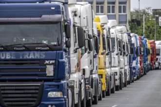 Truck tractors, exclusively from Eastern European countries, park in the harbour area, the canal