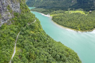 Aerial view of road above lake Lovatnet (or: Loenvatnet), valley Lodalen south of village Loen,