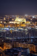 Panorama of Palma de Majorca, Bay of Palma, with the marina and the Cathedral of St Mary, Balearic