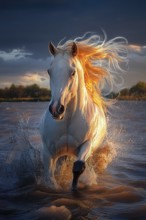 White horse with a flamboyant mane galloping in the water, AI generated