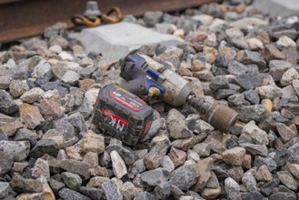 Close-up of tools and ballast on a construction site, track construction, Hermann Hessebahn, Calw,