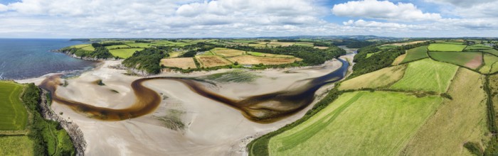 Panorama of River Emme and Red Cove from a drone, Mothecombe, Plymouth, South Devon, England,