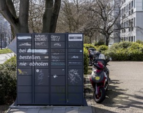 Paint daubed on an Amazon pick-up station, Berlin, Germany, Europe