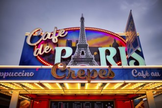 Food stand crêpes, cappuciono, coffee, Eiffel Tower, Notre-Dame, Paris, neon lights, carnival,