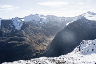 Mountain panorama with summit Hinterer Seelenkogel, mountain valley Langtal with mountain stream