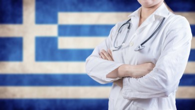 Healthcare concept with Greece flag in background. Female doctor with arms crossed with Greek flag