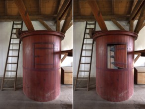 Flour silo with screw conveyor, former grain mill, Middle Franconia, Bavaria, Germany, Europe