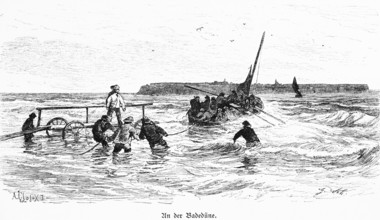 Bathers leaving the dune, offshore island of Heligoland, Schleswig-Holstein, North Sea, trolley,