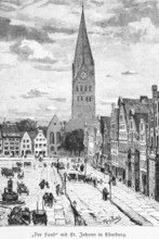 Square The Sand with St. John's Church, Lüneburg, Lower Saxony, Germany, church tower, clock tower,