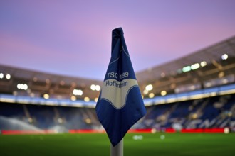 Corner flag with logo TSG 1899 Hoffenheim, interior, overview, evening atmosphere, blue hour,