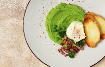 Mashed peas, with boiled egg, fried bacon, toast, baguette, breakfast, homemade, no people