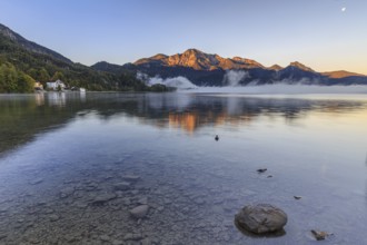 Mountains reflected in lake, summer, morning light, silence, Lake Kochel, Alpine foothills,