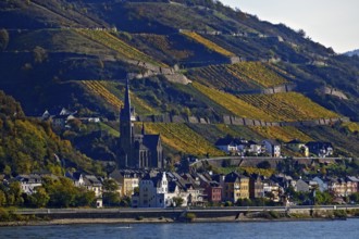 View across the Rhine from Bacharach to Lorch with the parish church of St Martin, UNESCO World