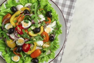 Vegetable salad, with quail eggs and olives, fresh, close-up, no people