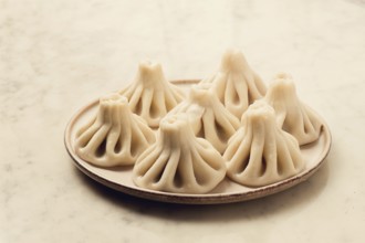 Traditional Georgian dish, Khinkali Kalakuri, on a marble table, selective focus, rustic, toned