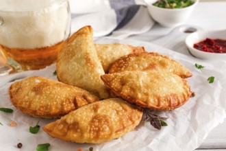 Fried chebureks, close-up, on a light background, no people