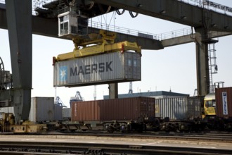 Rail freight terminal, Port of Felixstowe, Suffolk, England, UK Maersk container