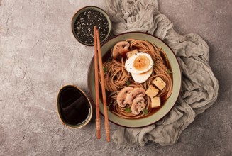 Asian soba soup, with mushrooms and egg, cheese, sesame seeds, homemade, no people