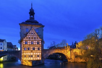 Upper Bridge, Old Town Hall, Regnitz, historic old town, Blue Hour, Bamberg, Lower Franconia,