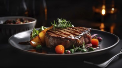 Fresh succulent top sirloin steak with sauteed vegetables on the flame grill, generative AI.-