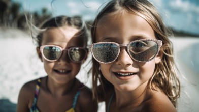 Two young girlfriends posing wearing sunglasses having fun on the beach, generatvie AI, AI