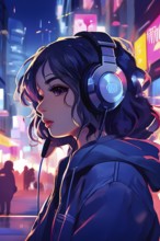 Anime style portrait of a girl with large headphones engulfing her ears, AI generated