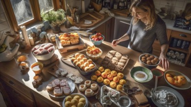 Young adult woman preparing A variety of easter foods for the holiday meal, generative AI, AI