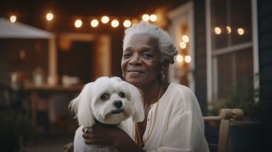 Attractive happy african american elderly woman on her porch holding her maltese puppy, generative