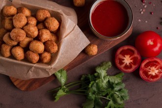 Chicken popcorn, deep fried, nuggets, close-up, rustic, no people