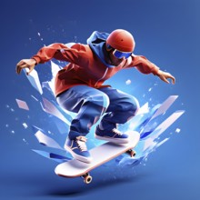 Olympic 2024 skateboarder mid air dynamic jump morphing into fluid abstract shapes, AI generated