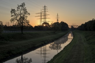 Emscher at sunrise, on the border with Essen, Oberhausen, Ruhr area, North Rhine-Westphalia,