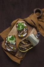 Sandwiches, black bread with sprats, cream cheese, cucumbers, on a cutting board, top view,