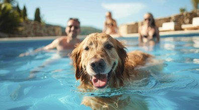 Happy smiling family with children swimming with a golden retriever at home pool, AI generated