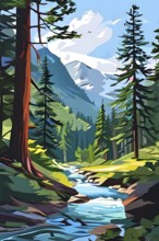 Abstract canvas illustration of a serene nature hike scenery with majestic mountains, AI generated