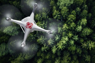 Quadcopter UAV search and rescue SAR drone flying A search above A thick forest, AI generated