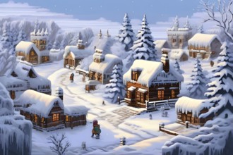 Pixel art village in the throes of snowy winter in warm golden light, AI generated