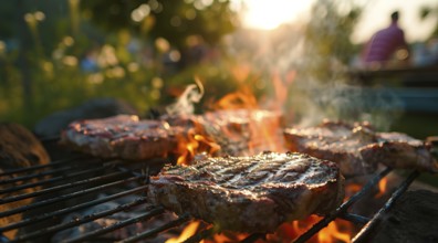 Barbecue BBQ family picnic party on the beach with skewers of meat and meat steaks over charcoal,