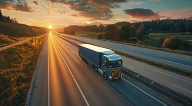 Long haul container truck carrying commercial cargo delivery between cities on a freeway, AI