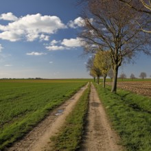 Path with trees in an argar landscape, Grottenherten, Bedburg, Rhine-Erft district, Lower Rhine,