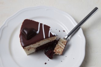 Slice of cake, bird's milk, chocolate sponge cake with souffle, sweet dessert, on a white plate,