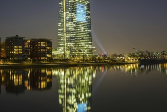 European Central Bank, ECB, at dusk, blue hour, harbour park, Frankfurt am Main, Hesse, Germany,