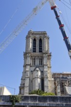 Close-up of a bell tower of Notre-Dame Cathedral with construction crane and clear sky, Paris