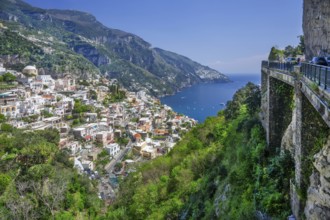 Panorama of the village on the cliffs above the sea, Positano, Amalfi Coast, Amalfitana, Campania,